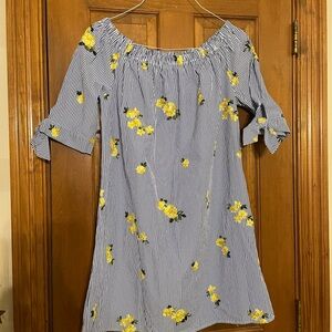 Tacera Blue Striped Dress with Yellow Embroidered‎ Floral Accents, Size Medium